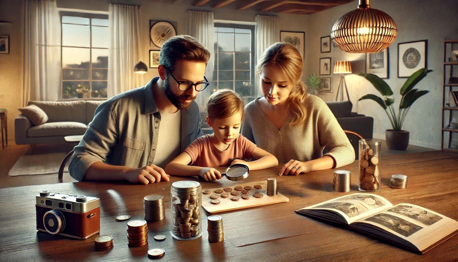 A family consisting of parents and a child are sitting around a dining table and studying a coin from their holiday.