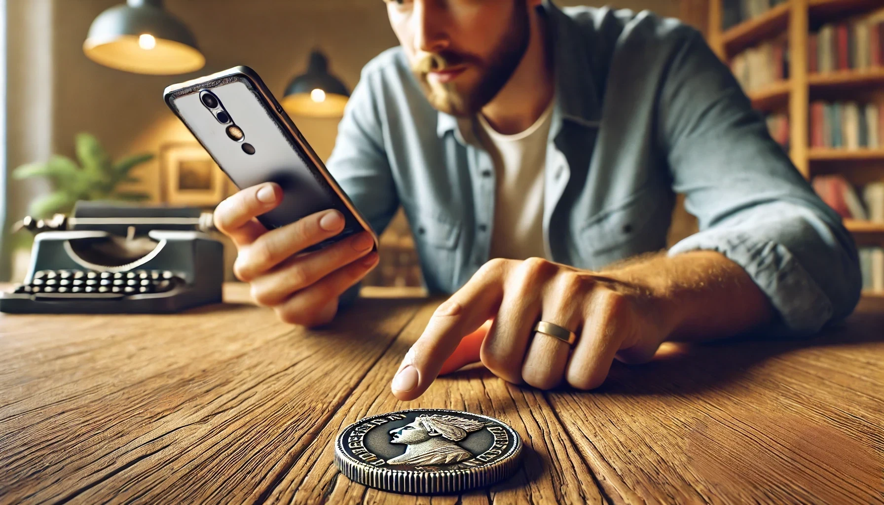 A man is reviewing information after scanning a coin due to a coin ID app.