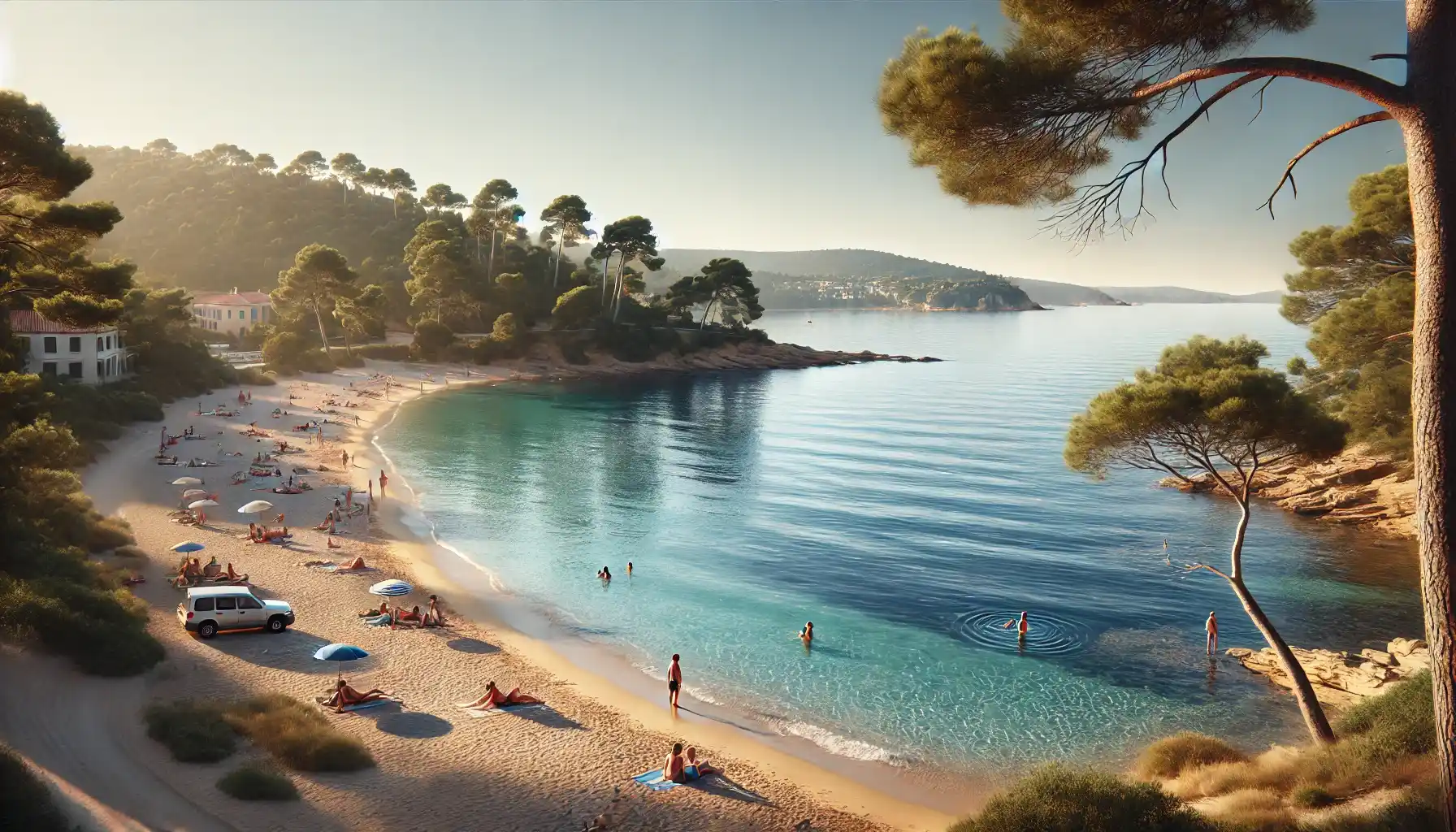 une plage sereine à Carry-le-Rouet, en France, avec des eaux bleues claires de la Méditerranée, du sable doré doux et des collines couvertes de pins en arrière-plan.