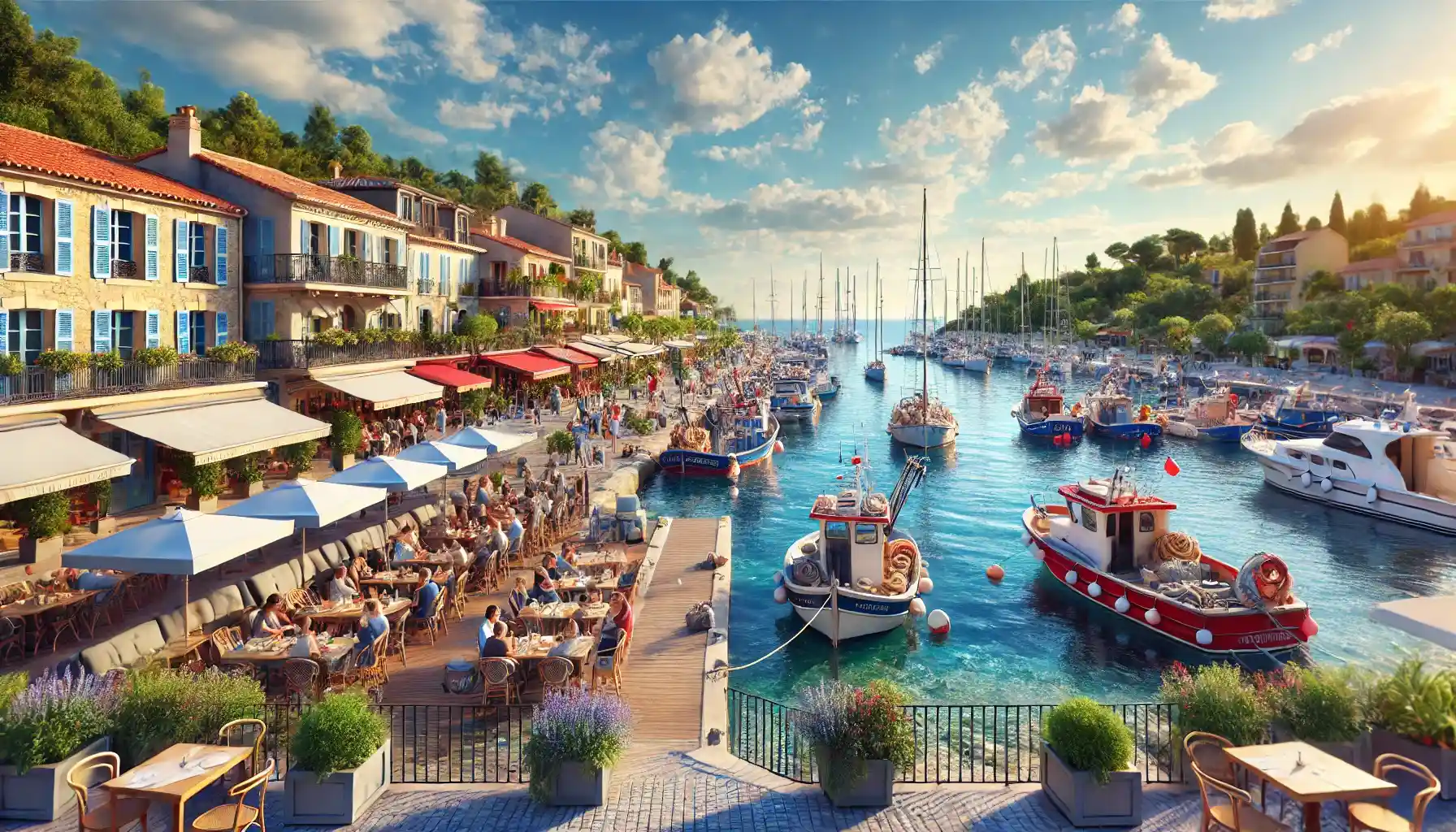 le port pittoresque de Carry-le-Rouet, en France, avec des bateaux de pêche dynamiques amarrés le long du port.