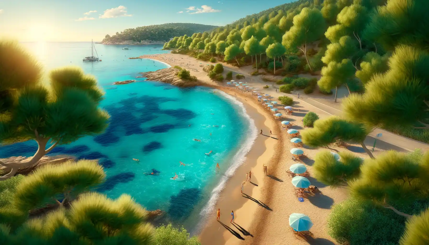 vue de la plage du Cap Rousset à Carry-le-Rouet, en France, mettant en valeur les eaux bleues claires de la Méditerranée, une famille appréciant la plongée en apnée près du rivage et les collines couvertes de pins environnantes.