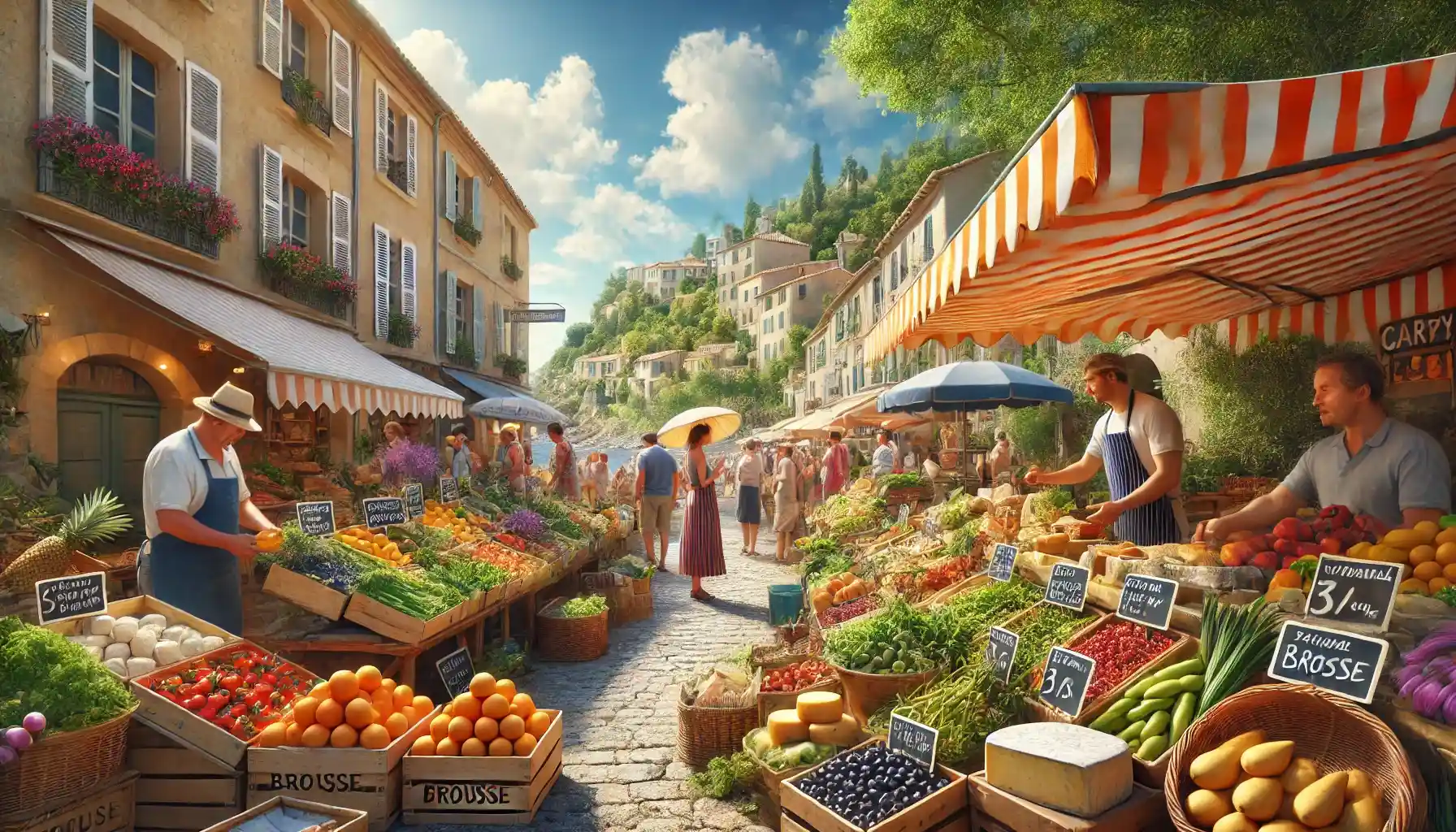un marché provençal animé à Carry-le-Rouet, en France, avec des étals colorés remplis de fruits frais, de légumes, d'olives et de fromages régionaux comme la Brousse.