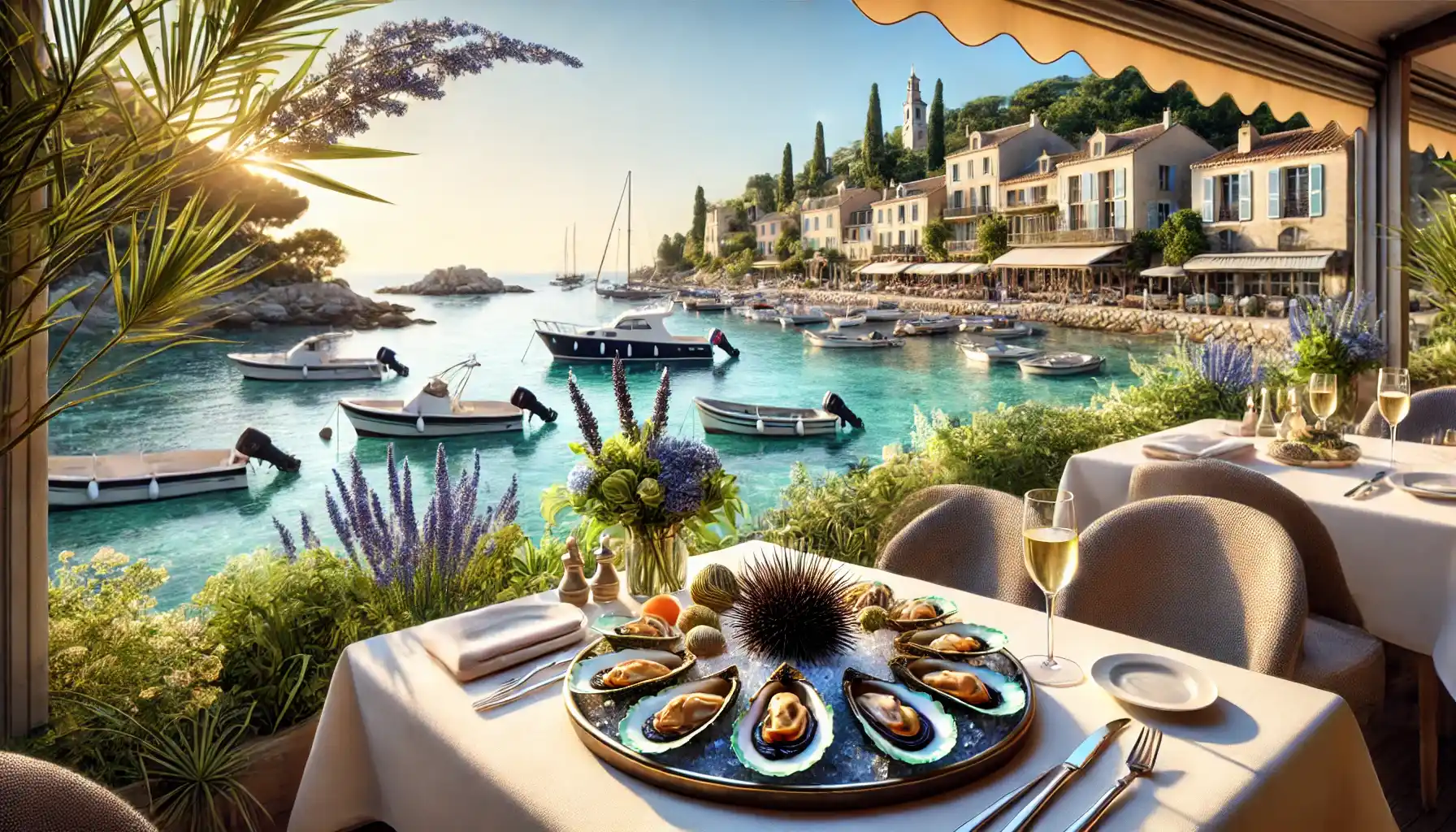 un restaurant de fruits de mer en bord de mer à Carry-le-Rouet, en France, avec une table dressée avec un plateau de crustacés frais, y compris des huîtres, des moules et des oursins.