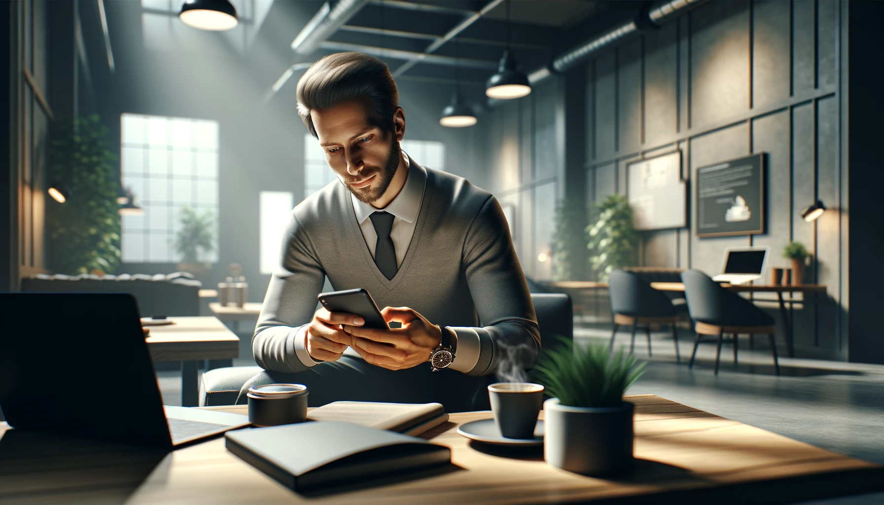a man intently working on his smartphone, using a location tracker app, in a modern, well-lit co-working space.