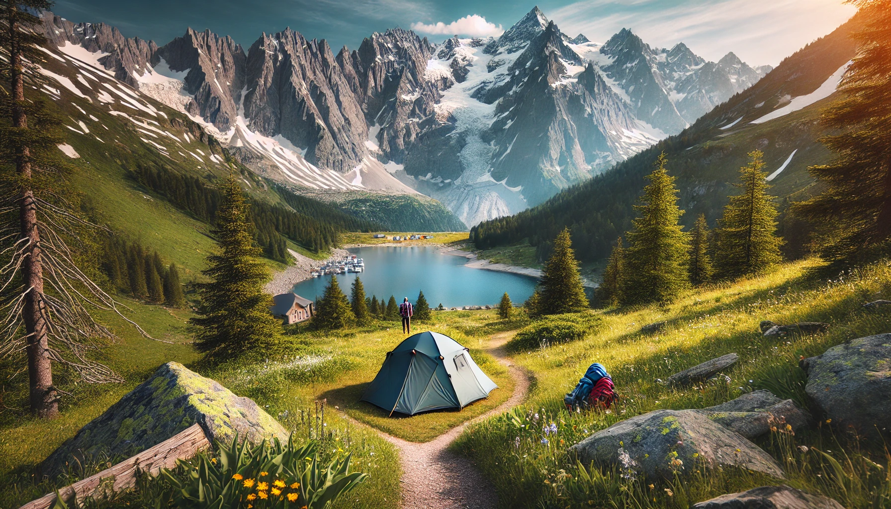A beautiful campsite in the French Alps, featuring a tent set up in a meadow with breathtaking mountain scenery. 