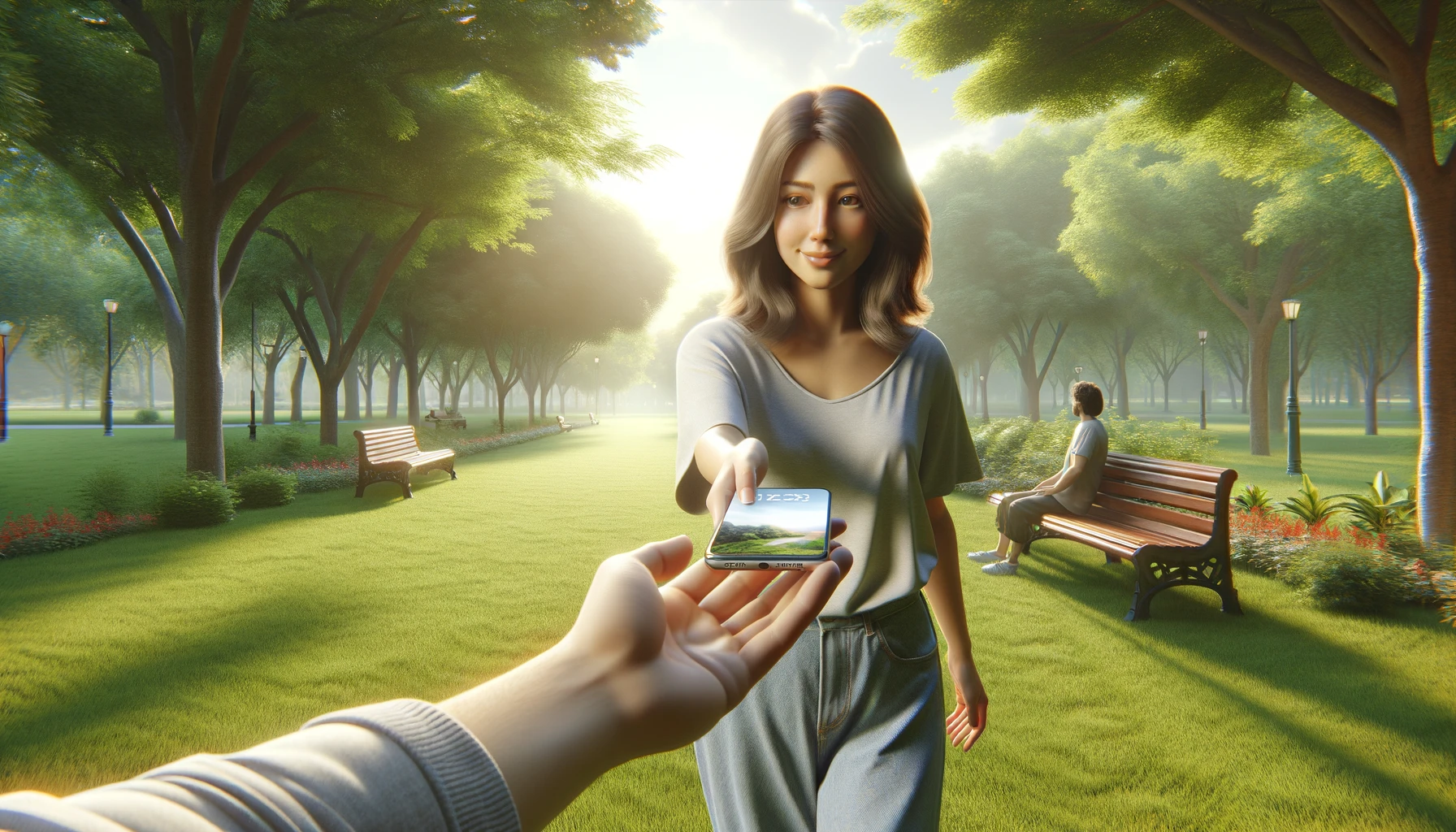 a  woman giving a smartphone to someone else in a park to show him a location tracker app.