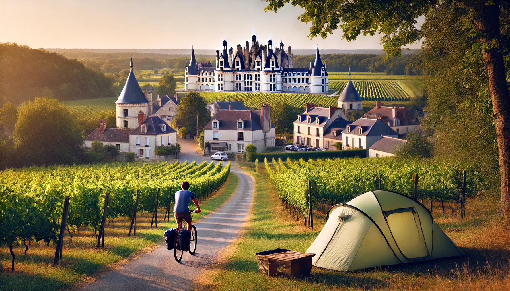 A campsite in the Loire Valley, France. The scene includes a tent set up near a charming village with vineyards in the background and the stunning Château de Chambord visible in the distance.