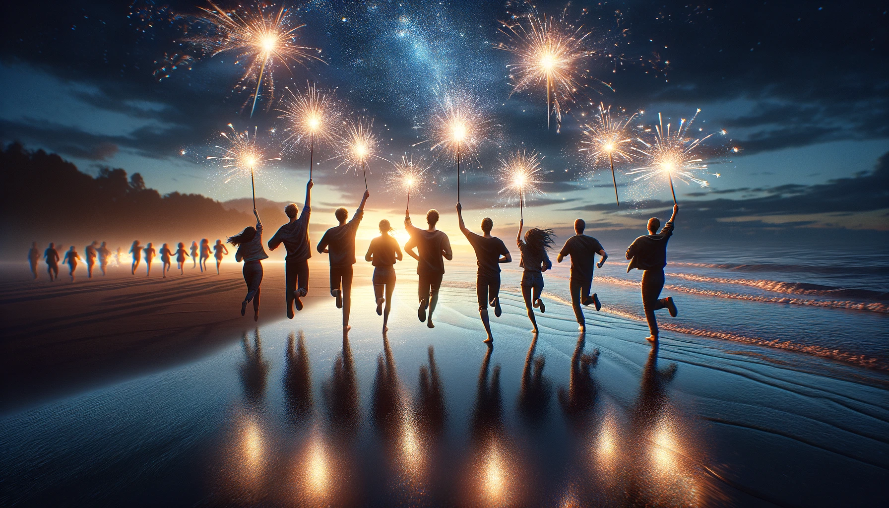 joyous moment of friends running together on a beach, holding sparkling fireworks.