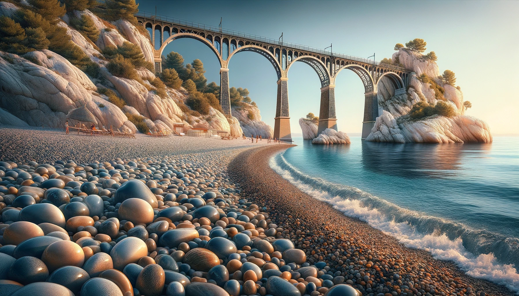 pebble beach and old railway bridge at Carry-le-Rouet, near Marseille, France