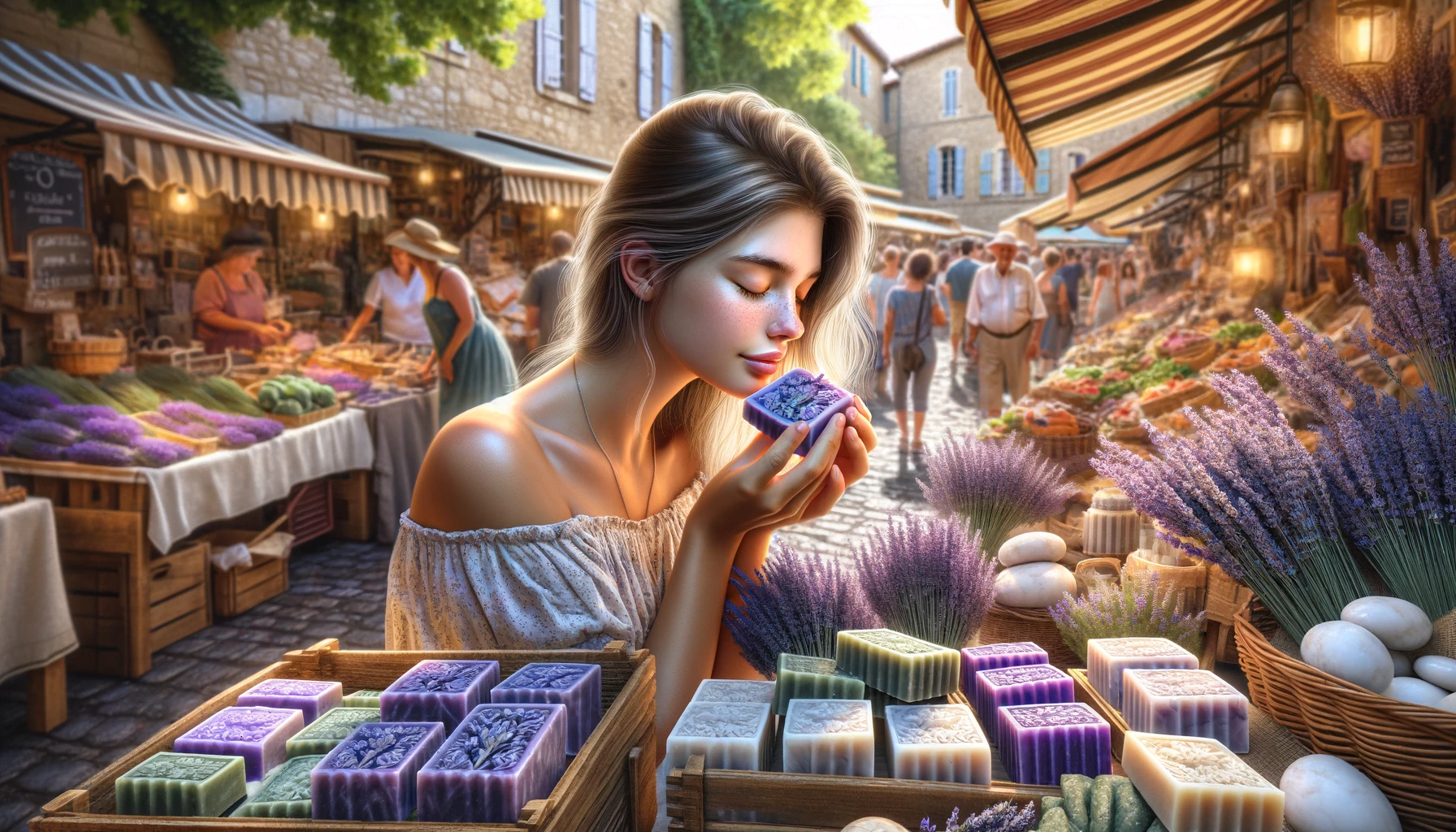 young woman sniffing lavender soap at a farmer's market in Carry-le-Rouet.
