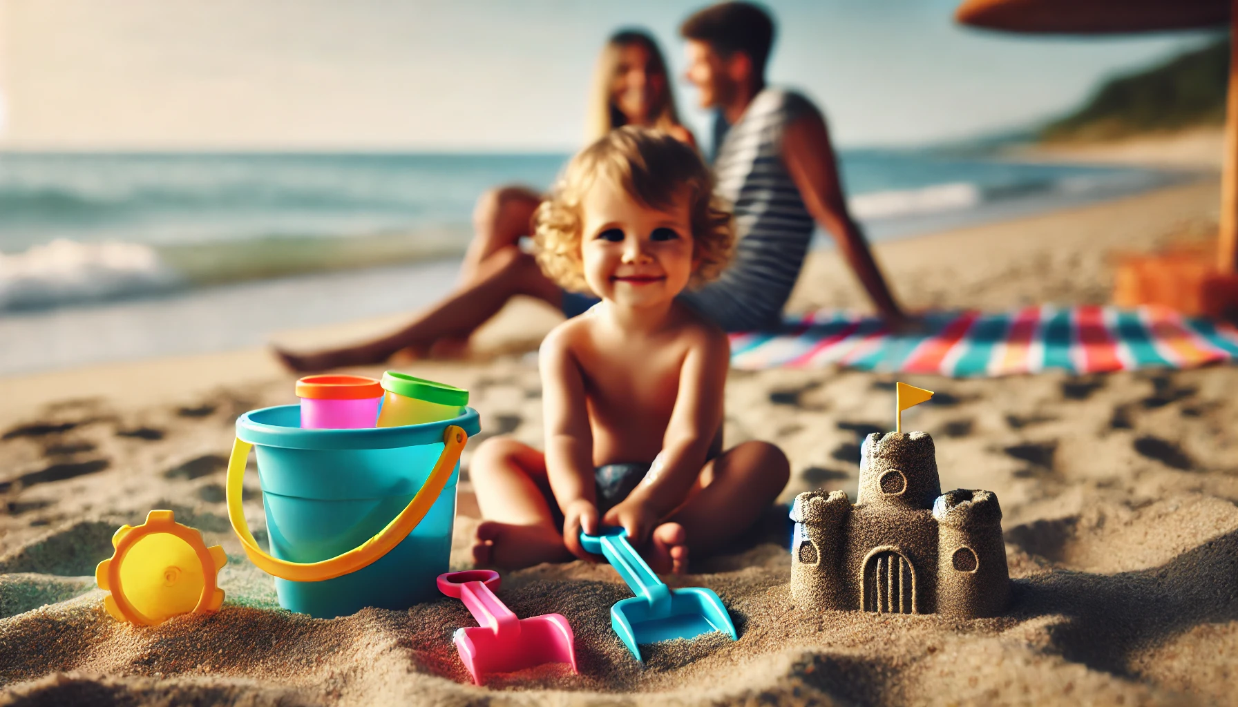 a happy family with one child relaxing on a beach, with the family blurred in the background. The focus is on the child's beach toys, which include a brightly colored bucket, spade, and a small sandcastle in the foreground. The family is sitting on the sandy shore, enjoying the day, but they are intentionally out of focus to emphasize the toys.