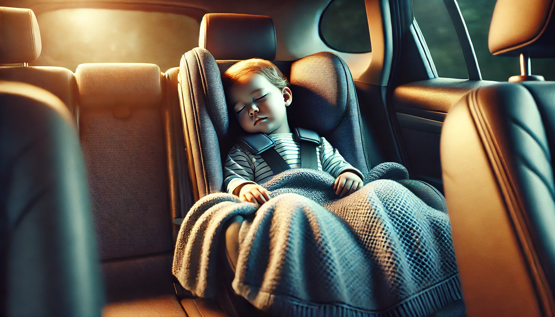a child sleeping peacefully in the backseat of a car. The child is securely fastened in a car seat, with a soft blanket draped over them.