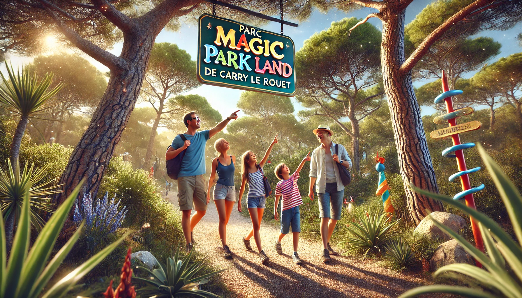 une famille de quatre personnes (deux adultes et deux enfants) explorant le paysage enchanteur du Parc Magique de Carry le Rouet.
