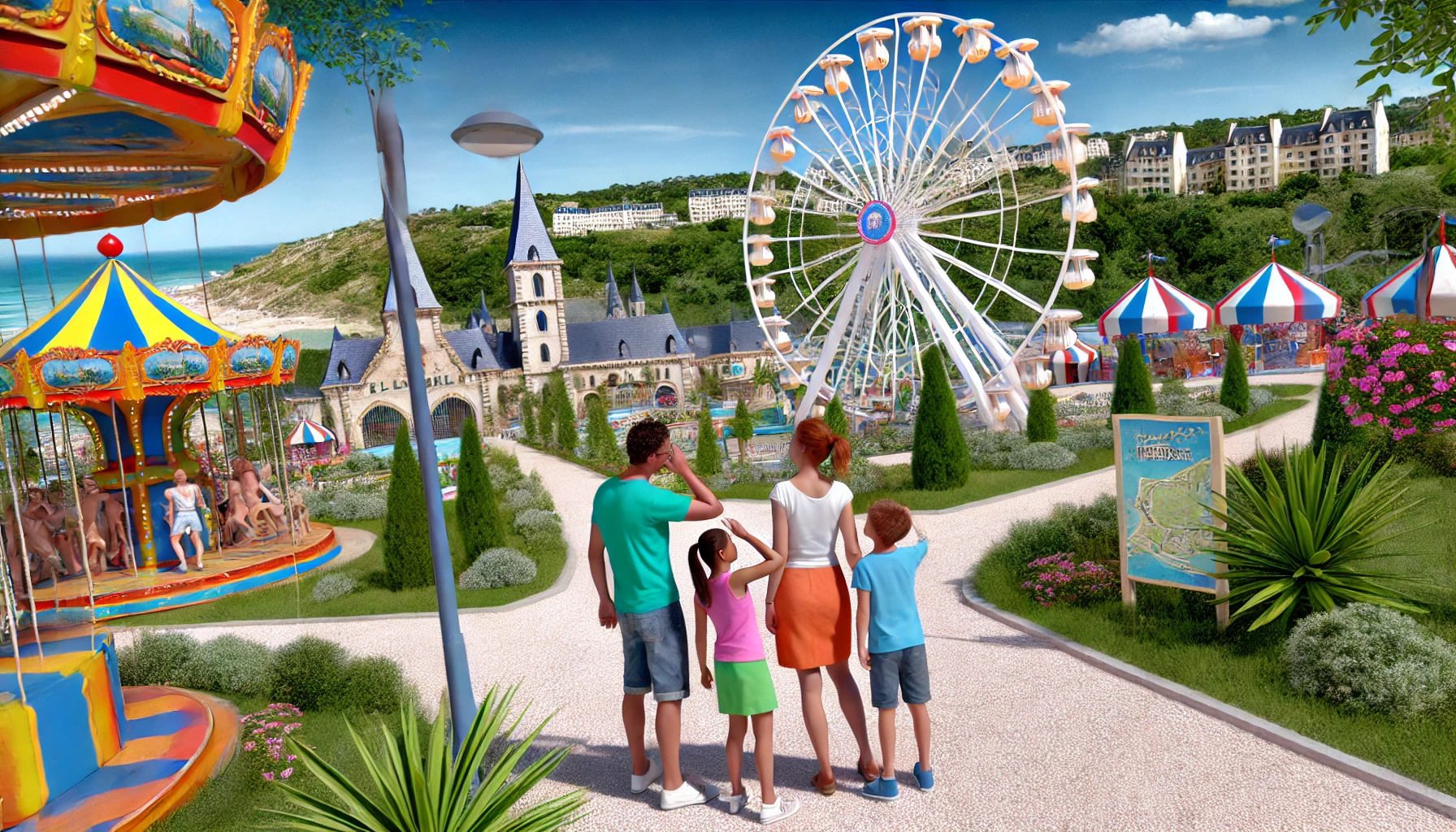 une famille explorant les attractions vibrantes et colorées du parc magique de Carry le Rouet, en France.
