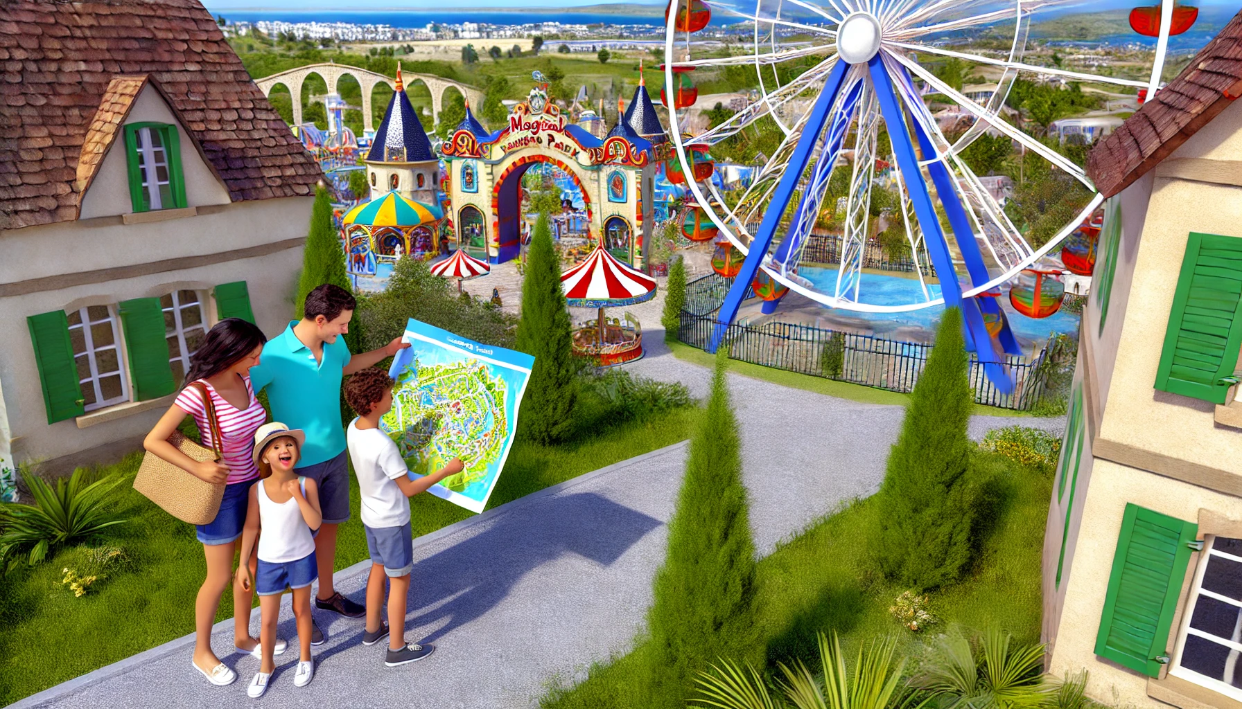 une famille explorant les attractions vibrantes et colorées du parc magique de Carry le Rouet, France