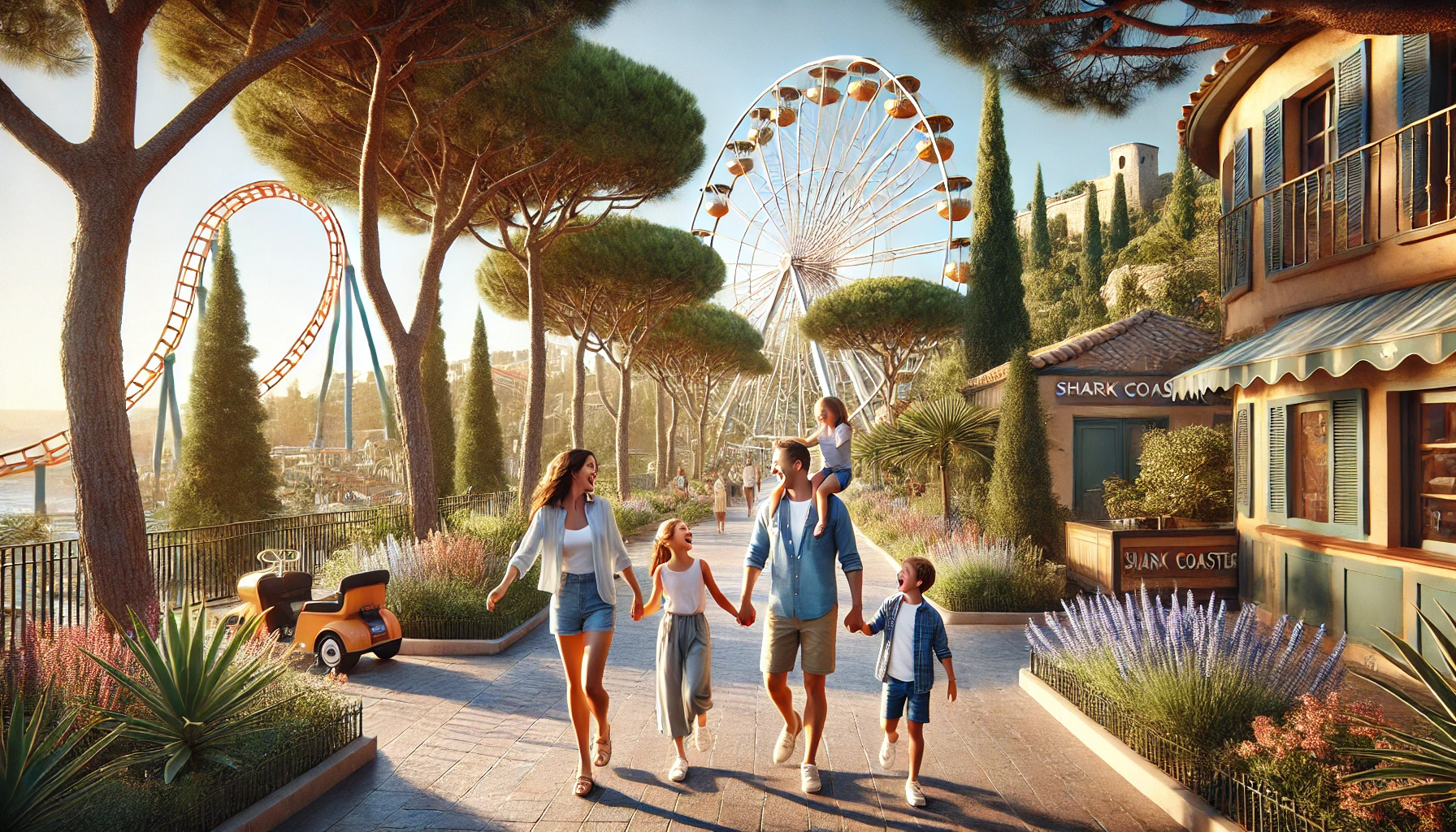 Une famille profite d'une journée au parc d'attractions, avec une grande roue et le Shark Coaster.
