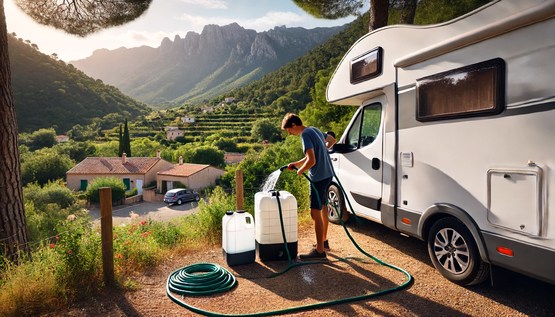 Une personne nettoyant le réservoir d'eau d'un camping-car, situé dans un endroit pittoresque similaire à MerMystère à Argelès-sur-Mer, avec le camping-car garé près d'une vue panoramique sur la verdure luxuriante et les montagnes en arrière-plan. La personne utilise un tuyau et une brosse de nettoyage.