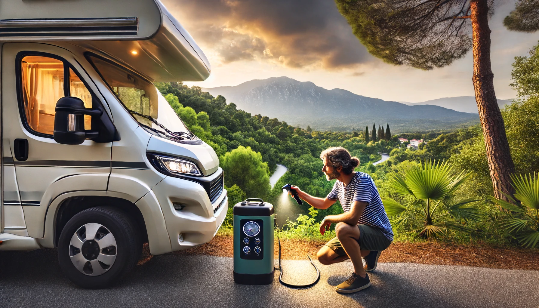 Une personne inspectant le réservoir d'eau d'un camping-car, situé dans un endroit pittoresque similaire à MerMystère à Argelès-sur-Mer, avec le camping-car garé près d'une vue panoramique sur la verdure luxuriante et les montagnes en arrière-plan. La personne utilise une lampe de poche et vérifie soigneusement le réservoir.