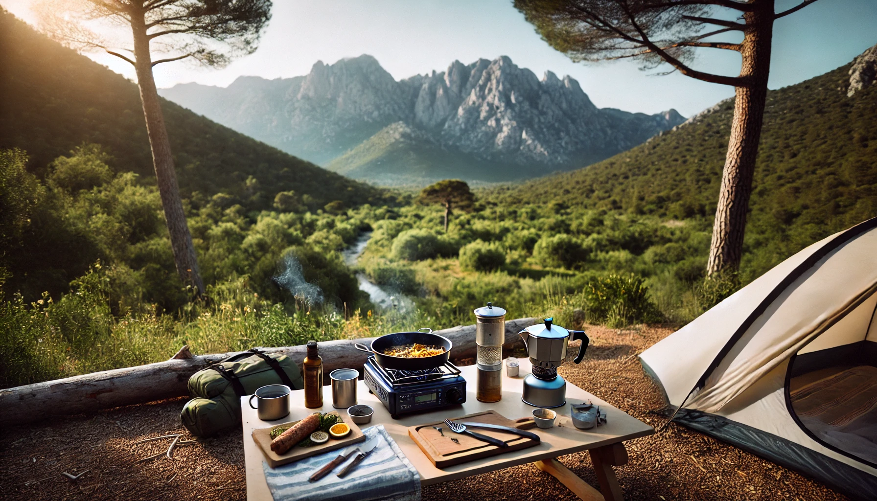 Un camping-car préparant un repas simple sur un petit réchaud de camping dans un camping minimaliste dans un endroit pittoresque comme MerMystère à Argelès-sur-Mer, entouré de verdure luxuriante et de montagnes. La configuration comprend un équipement de cuisson de base et un fond naturel serein.