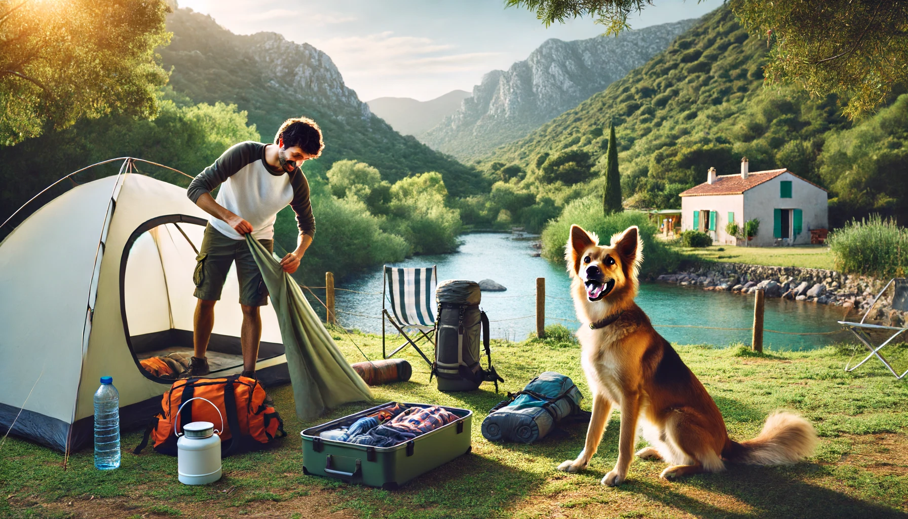 Une personne et un chien se préparent à camper dans un endroit pittoresque comme MerMystère à Argelès-sur-Mer. La personne installe une tente et organise du matériel de camping, le chien l'observant avec enthousiasme. L'arrière-plan présente une végétation luxuriante et des montagnes.