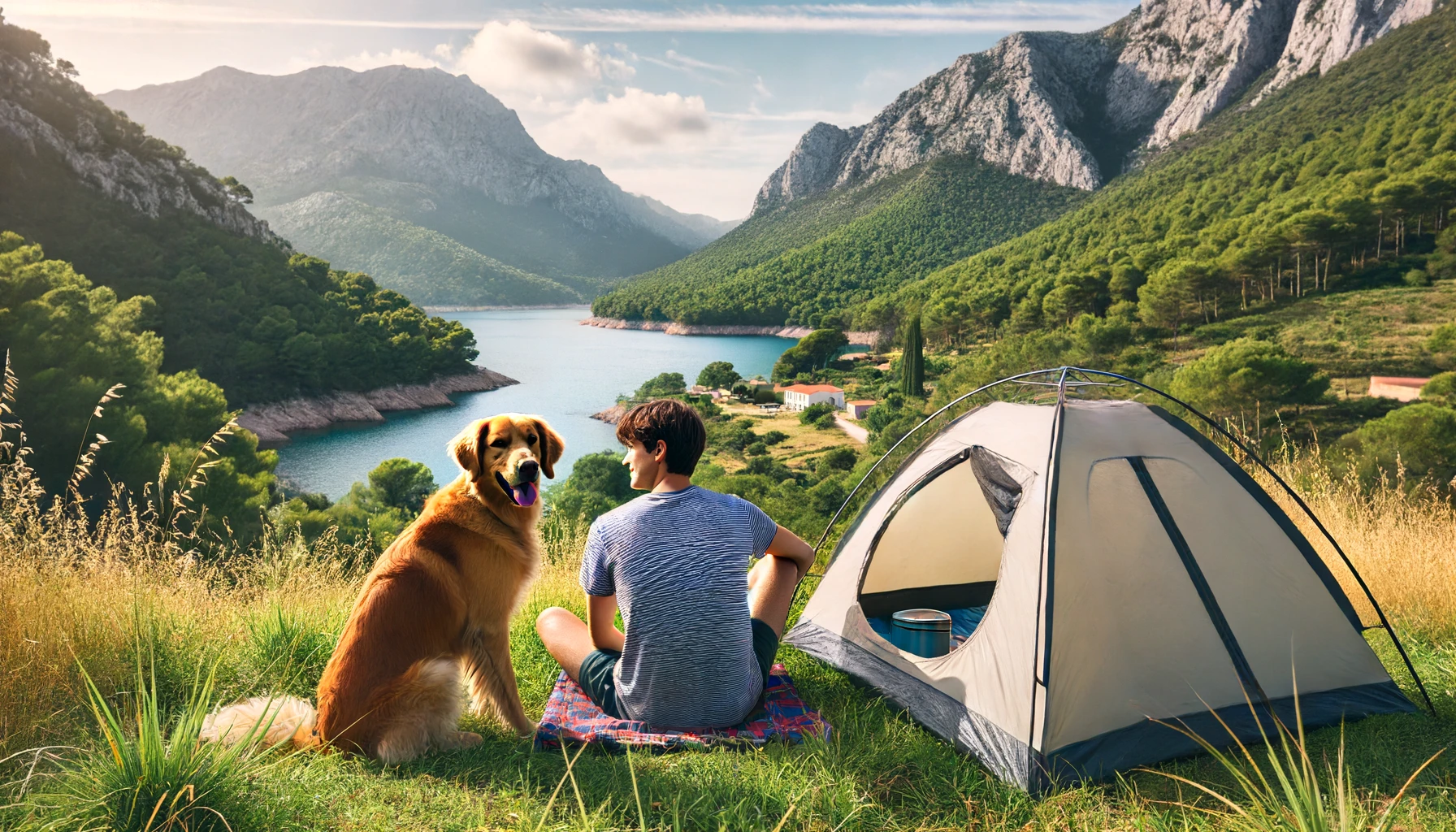 Une personne et un chien profitant de leur séjour en camping dans un endroit pittoresque comme MerMystère à Argelès-sur-Mer. La personne est assise à côté de la tente avec le chien, à la fois relaxante et profitant du magnifique paysage de verdure luxuriante et de montagnes.