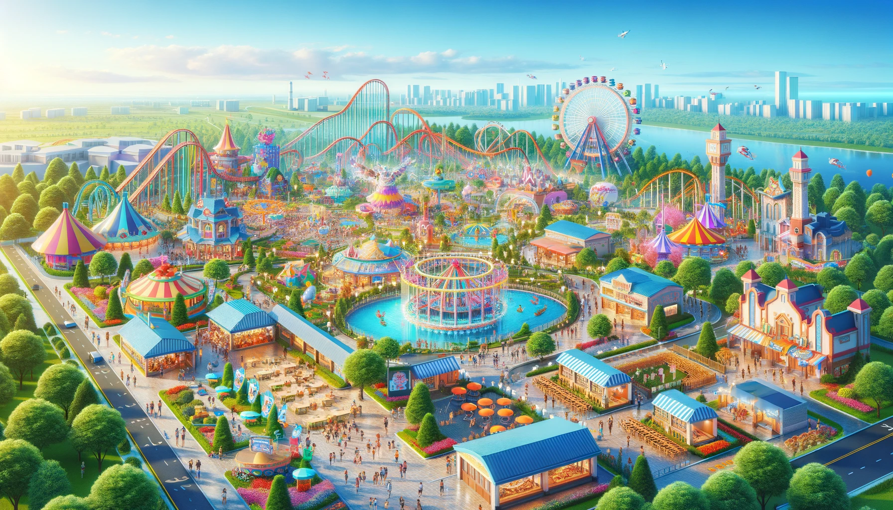 A vibrant and magical theme park scene featuring a variety of attractions, colorful rides, interactive shows, and kid-friendly zones.