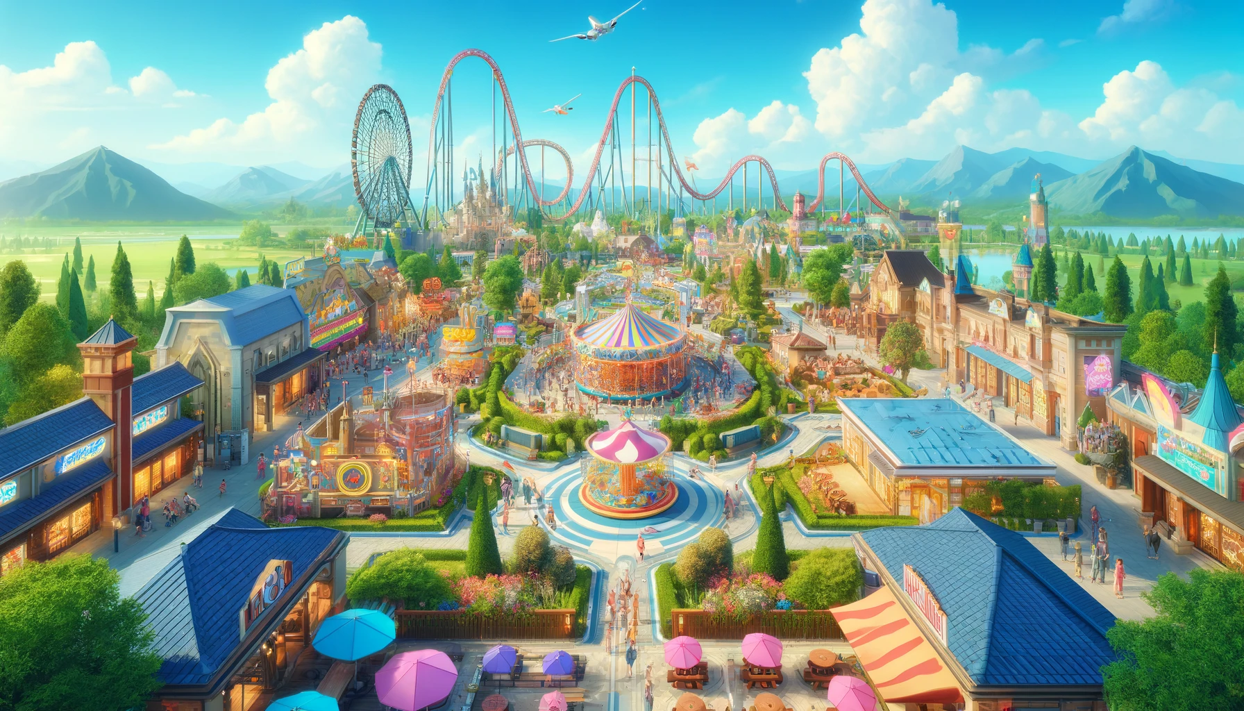 Another view of a vibrant and magical theme park showcasing thrilling rides, peaceful picnic areas, and themed dining venues.
