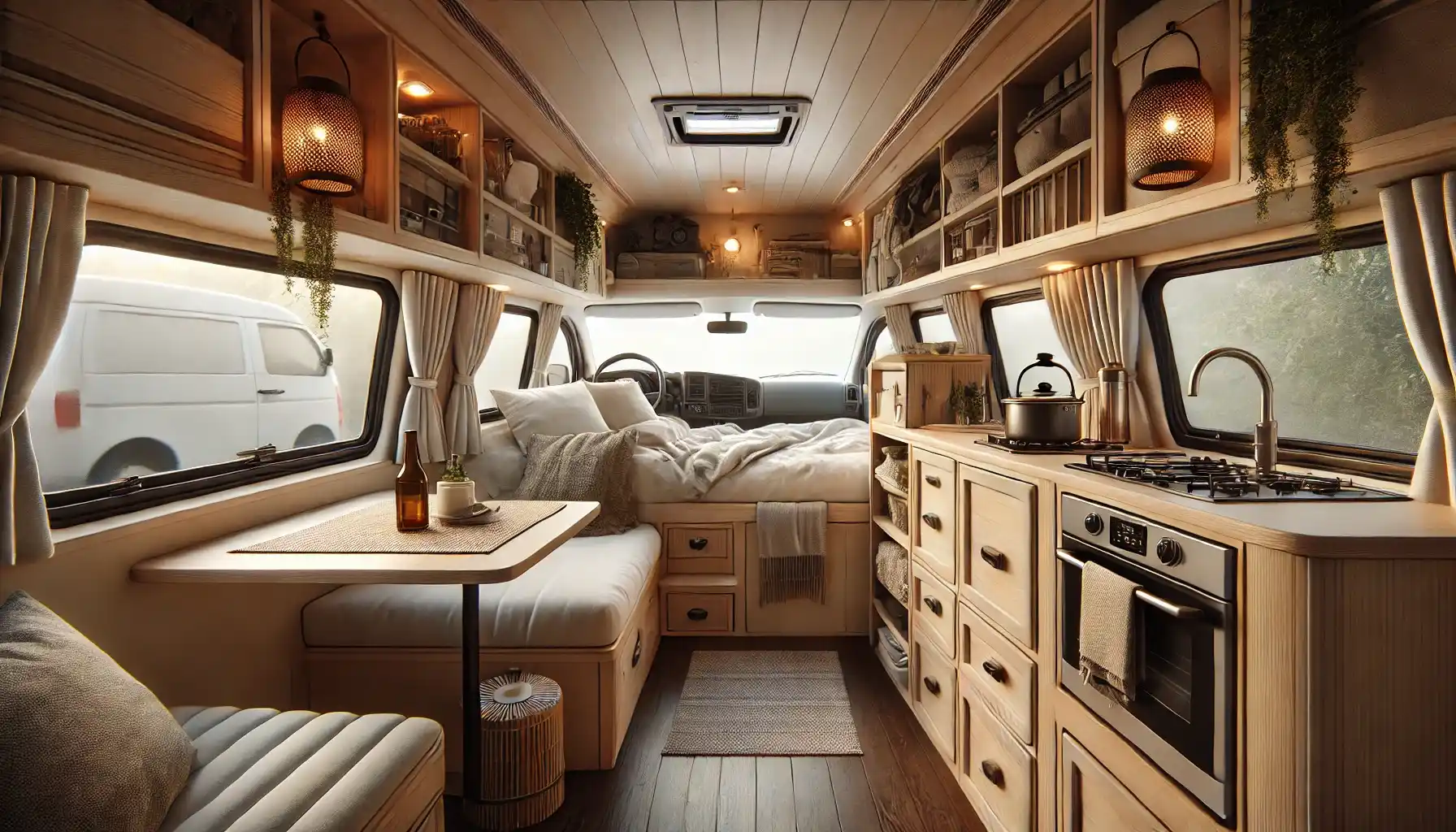 The interior of a well-organized camper van during the daytime.