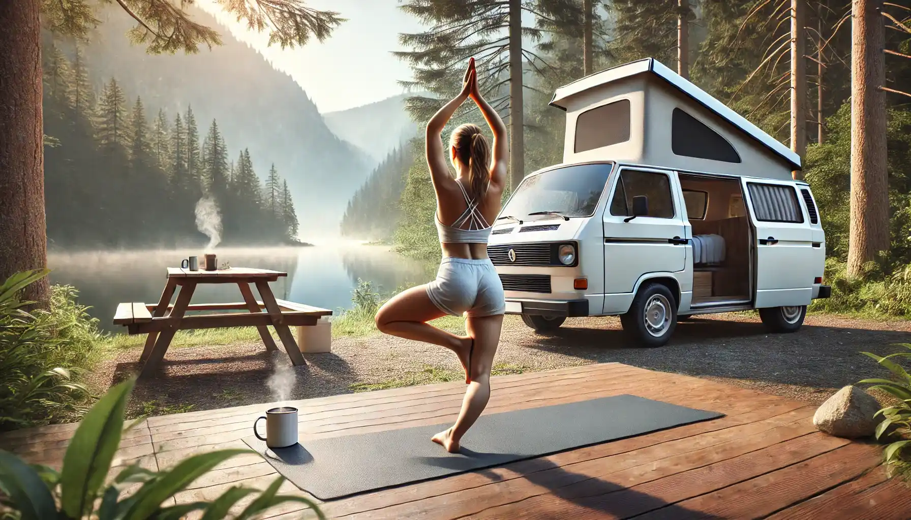 A woman is practicing yoga outdoors in a natural setting next to her camper van before a long way.