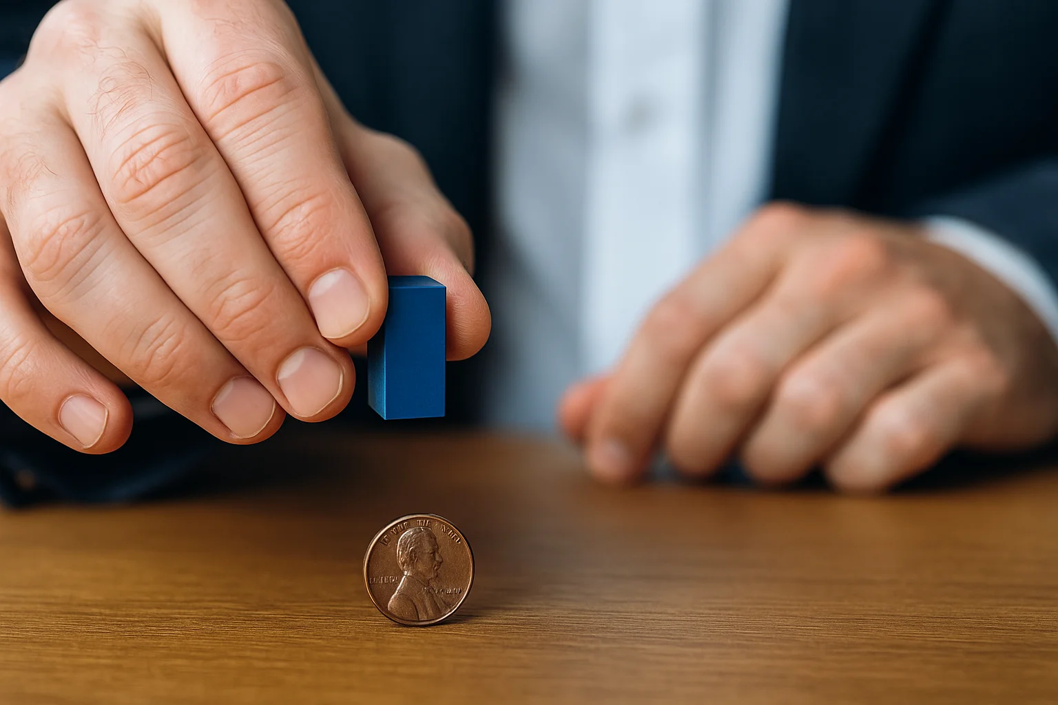 A man tests a 1943 bronze Lincoln penny with a magnet to check whether it reacts, verifying its authenticity and metal composition.