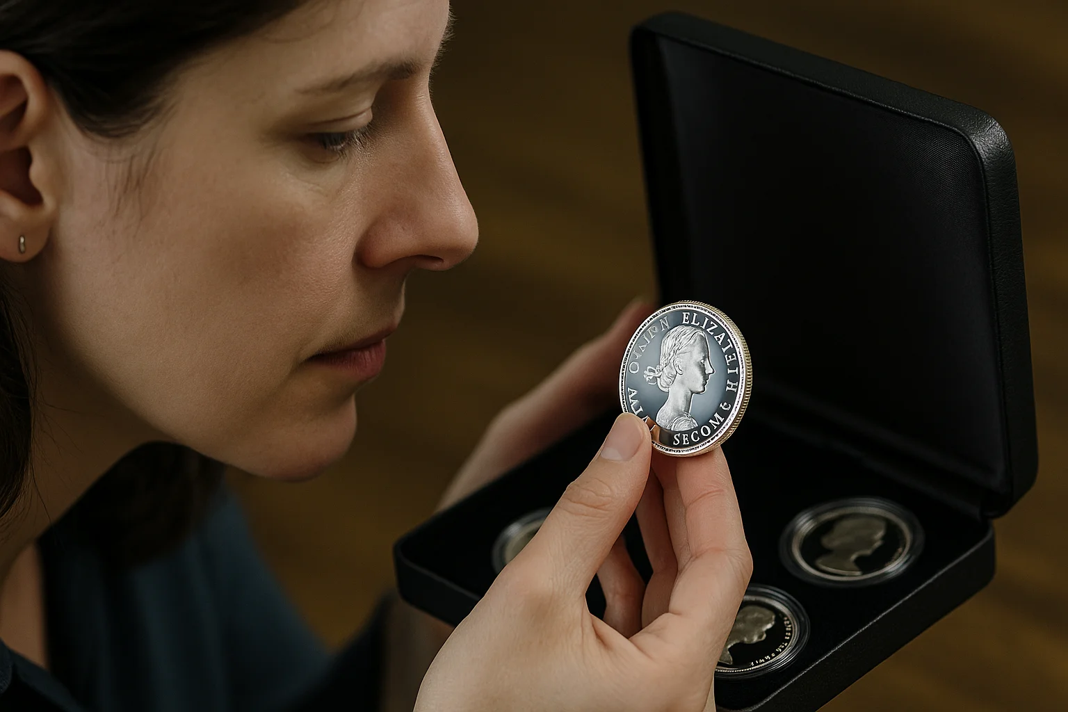 A woman carefully examines a proof coin, admiring its mirror-like finish inside a collector’s display case.